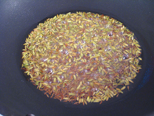 Crackled asafetida, fennel seeds, cumin seeds and black mustard seeds in heat oil